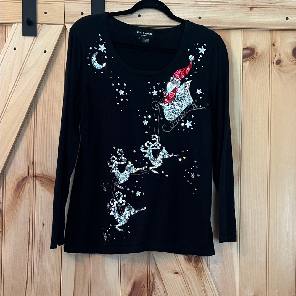 Black Long Sleeve Christmas Top with Santa and Reindeer